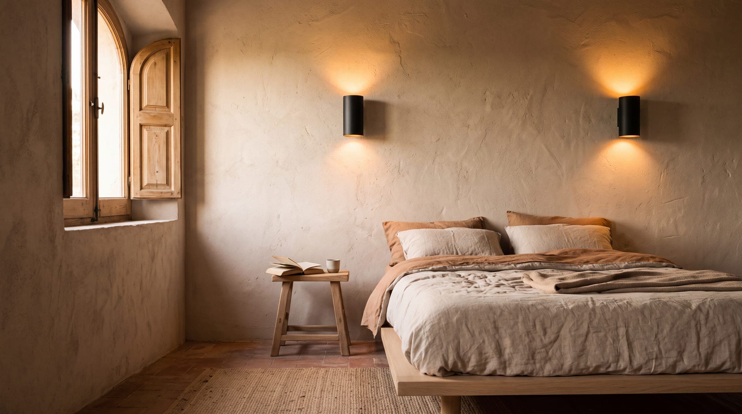Dos apliques de pared encendidos sobre una cama de roble, luz cálida